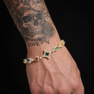 Gold Multicolor Gemstone Link Bracelet - 8inch